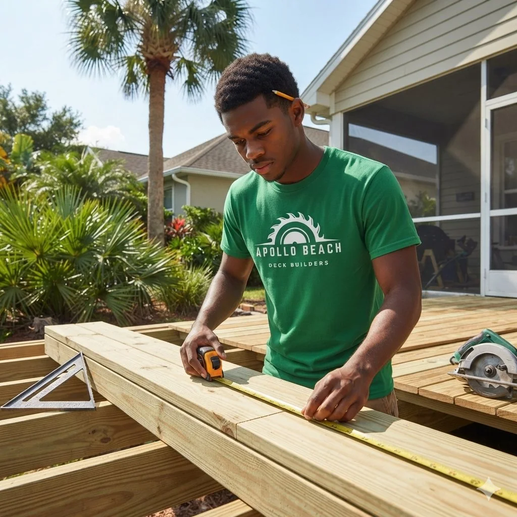 Measuring deck boards during an Apollo Beach deck installation